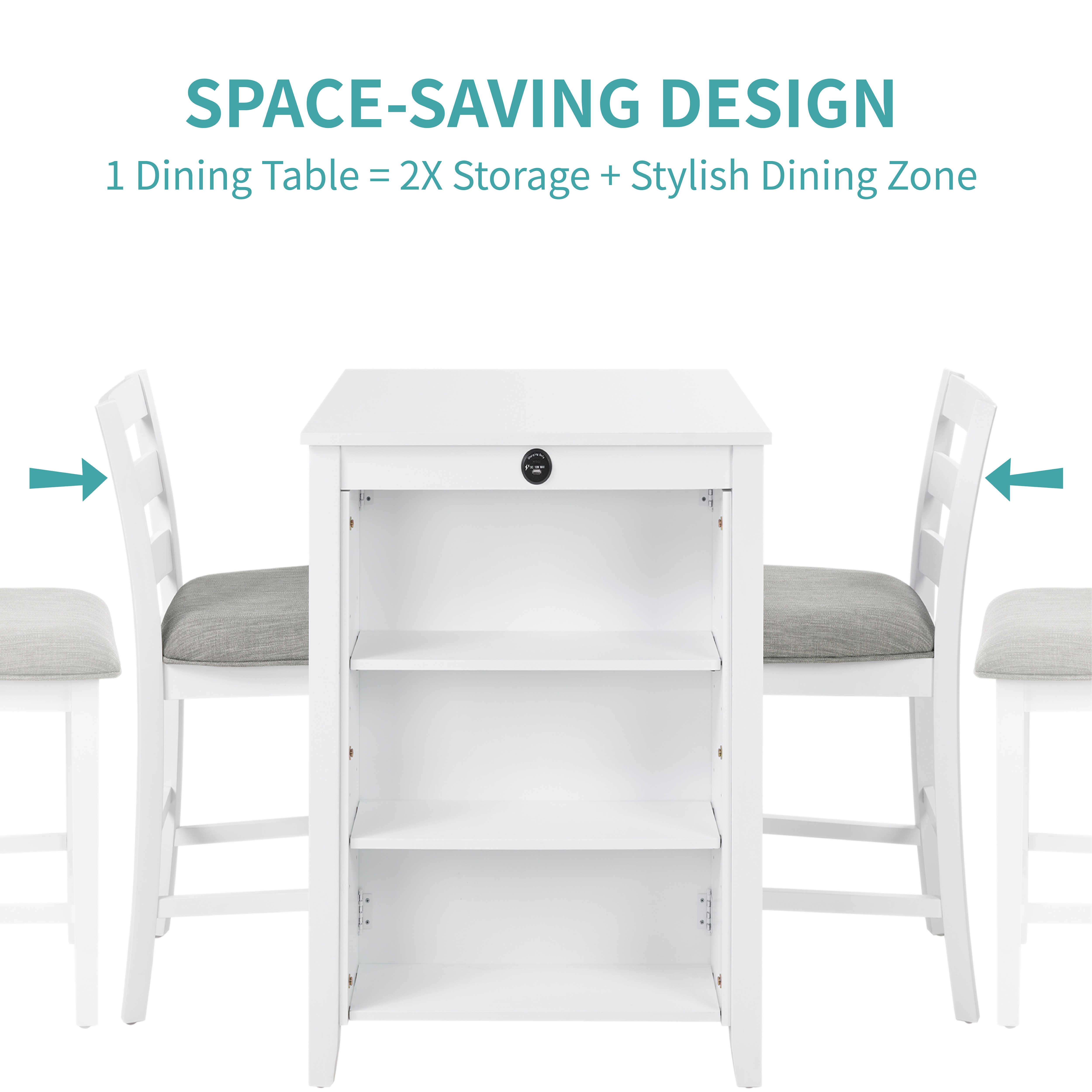 36" Modern Dining Table Set For 2 With Charging Station & 3-Tier Adjustable Storage | Space-Saving Kitchen Set With Upholstered Chairs For Small Spaces, Apartment,White_voghion.com